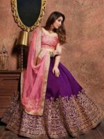 FABPIXEL Purple & Pink Embroidered Bridal Lehenga Choli Set With Dupatta - Image 5