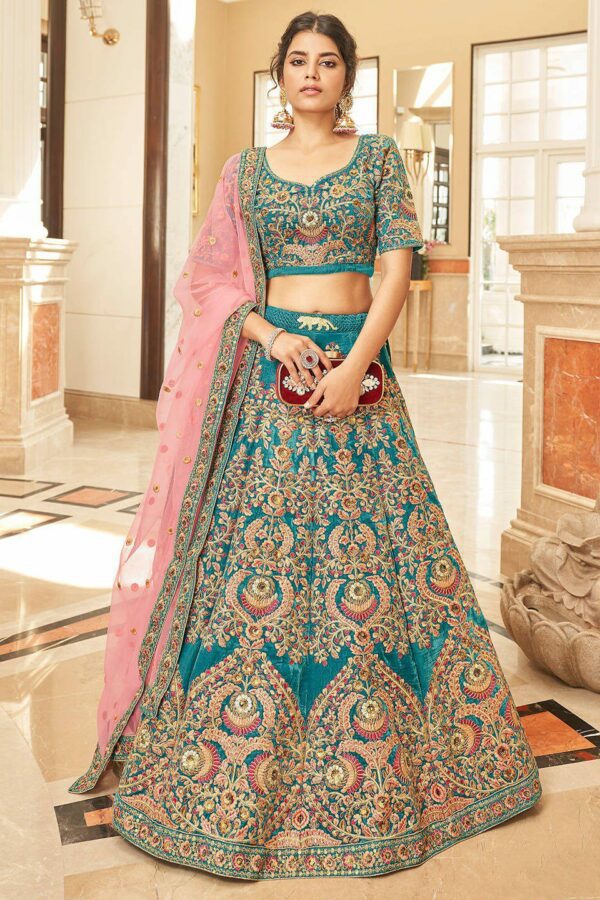 FABPIXEL Teal & Pink Embroidered Thread Work Semi-Stitched Lehenga & Unstitched Blouse With Dupatta