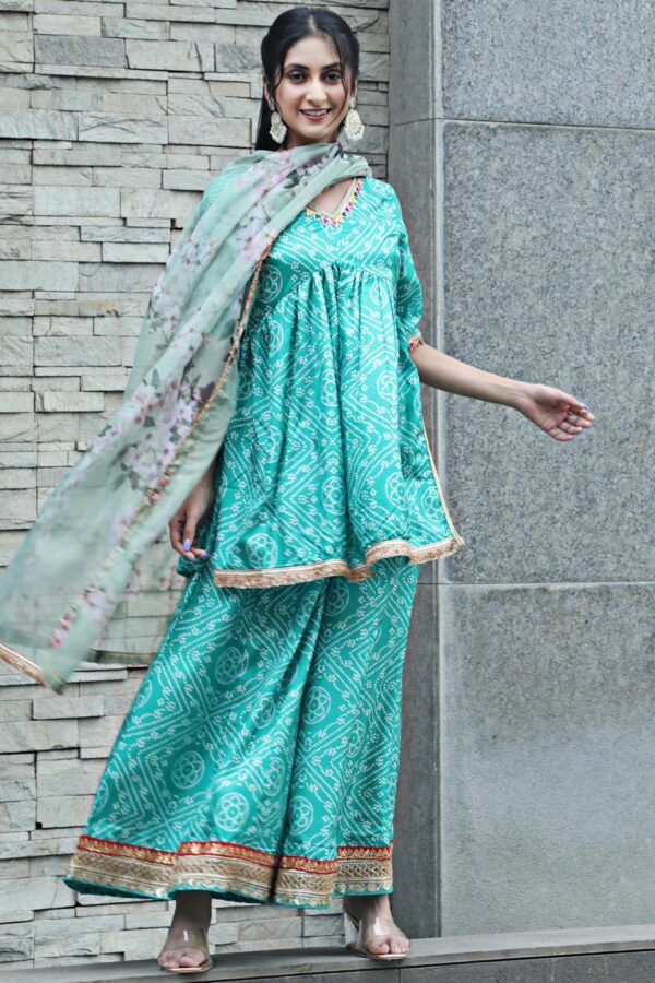 Green Bandhani Print Kurta Sharara With Dupatta