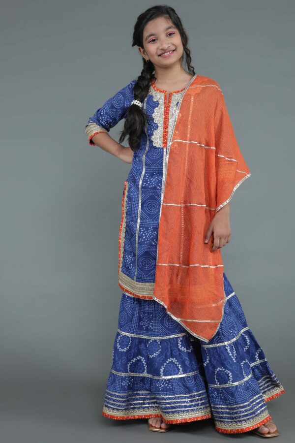 Navy Blue Bandhani Print Kurta Sharara With Dupatta