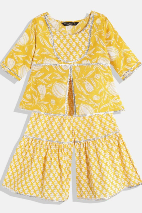 Readiprint Fashions Girls Yellow Ethnic Printed Gotta Patti Pure Cotton Kurta with Sharara