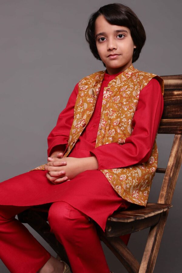 Red & Mustard Floral Print Kurta Pyjama With Nehru Jacket
