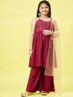 Stylo Bug Girls Maroon Floral Print Yoke Design Polyester Kurta with Palazzos & Dupatta