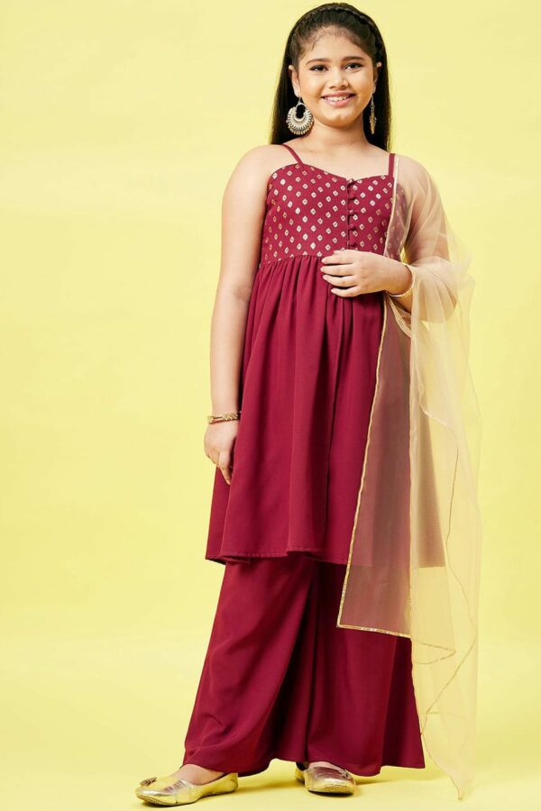 Stylo Bug Girls Maroon Floral Print Yoke Design Polyester Kurta with Palazzos & Dupatta