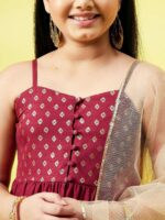Stylo Bug Girls Maroon Floral Print Yoke Design Polyester Kurta with Palazzos & Dupatta - Image 2