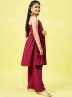 Stylo Bug Girls Maroon Floral Print Yoke Design Polyester Kurta with Palazzos & Dupatta - Image 3