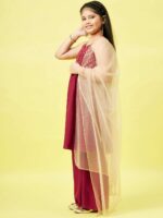Stylo Bug Girls Maroon Floral Print Yoke Design Polyester Kurta with Palazzos & Dupatta - Image 4