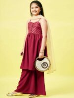 Stylo Bug Girls Maroon Floral Print Yoke Design Polyester Kurta with Palazzos & Dupatta - Image 6