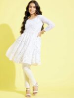 VASTRAMAY YUVA Girls White Ethnic Motifs Embroidered Mirror Work Kurti with Churidar - Image 6