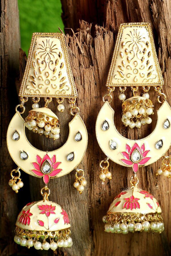 ANIKAS CREATION Off-White & Pink Gold-Plated Dome Shaped Jhumkas