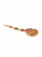 Anouk Red & Green Gold-Plated Stone-Studded Peacock Maang Tikka - Image 3
