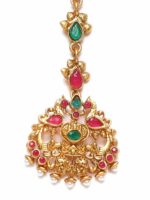 Anouk Red & Green Gold-Plated Stone-Studded Peacock Maang Tikka - Image 4