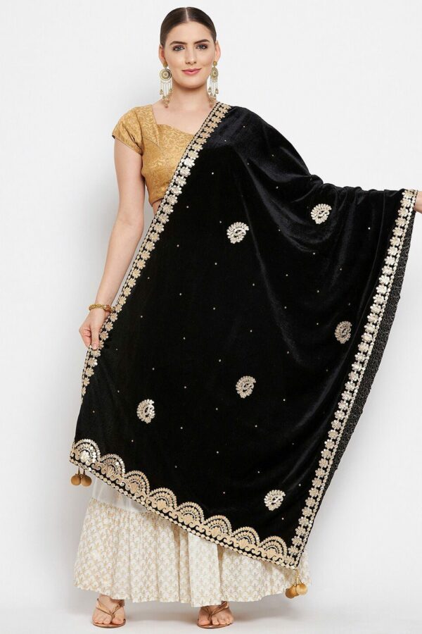 Clora Creation Black & Gold Embroidered Velvet Dupatta with Gotta Patti