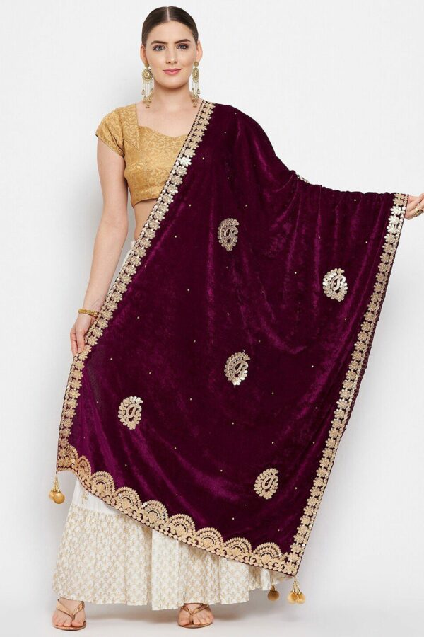 Clora Creation Burgundy And Gold-Toned Ethnic Motifs Gotta Patti Velvet Dupatta