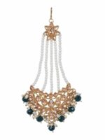 Crunchy Fashion Gold-Plated Green & White Kundan Stone Studded & Beaded Pasa Maang Tika - Image 2