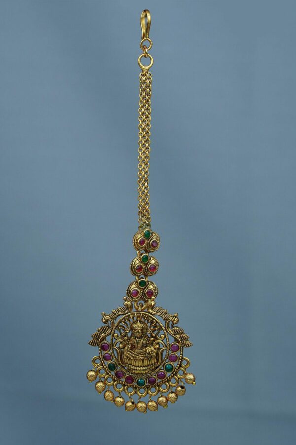 Diksha collection Gold-Plated Stones-Studded And Beaded Temple Maang Tikka