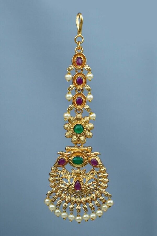 Diksha collection Gold-Plated Stones-Studded And Beaded Temple Maang Tikka