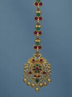 Diksha collection Gold-Plated Stones-Studded And Beaded Temple Maang Tikka - Image 3