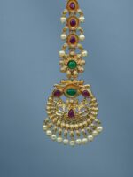 Diksha collection Gold-Plated Stones-Studded And Beaded Temple Maang Tikka - Image 3