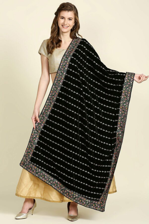 Dupatta Bazaar Black & Gold-Toned Ethnic Motifs Embroidered Velvet Dupatta with Sequinned