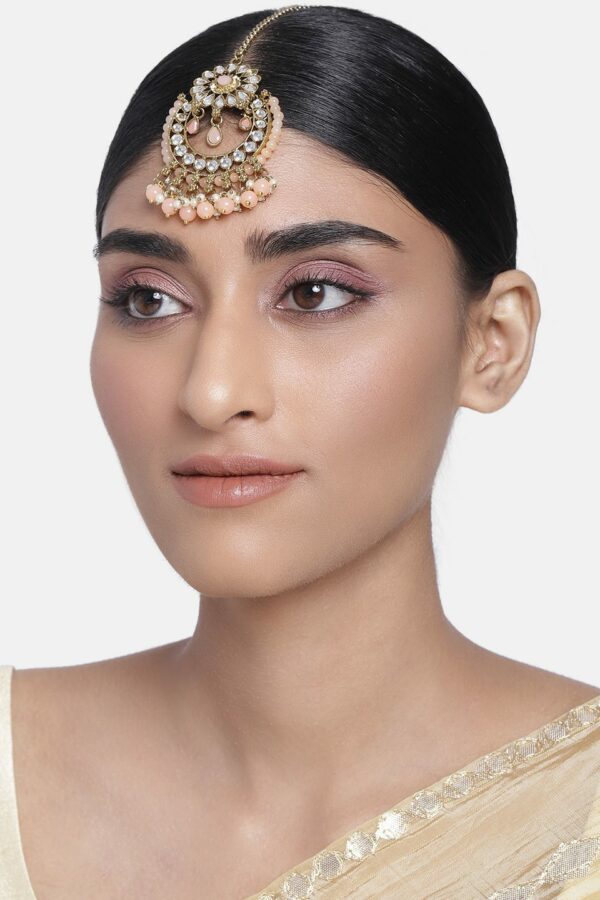I Jewels Women Peach-Coloured Gold-Plated Traditional Kundan & Pearl Studded Maang Tikka