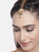 JEWELS GEHNA Red & Green Gold-Plated Kundan-Studded & Beaded Borla Maang Tika - Image 4