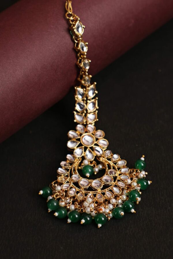 Jazz and Sizzle Gold-Plated & Green Kundan Studded & Beaded Maangtika