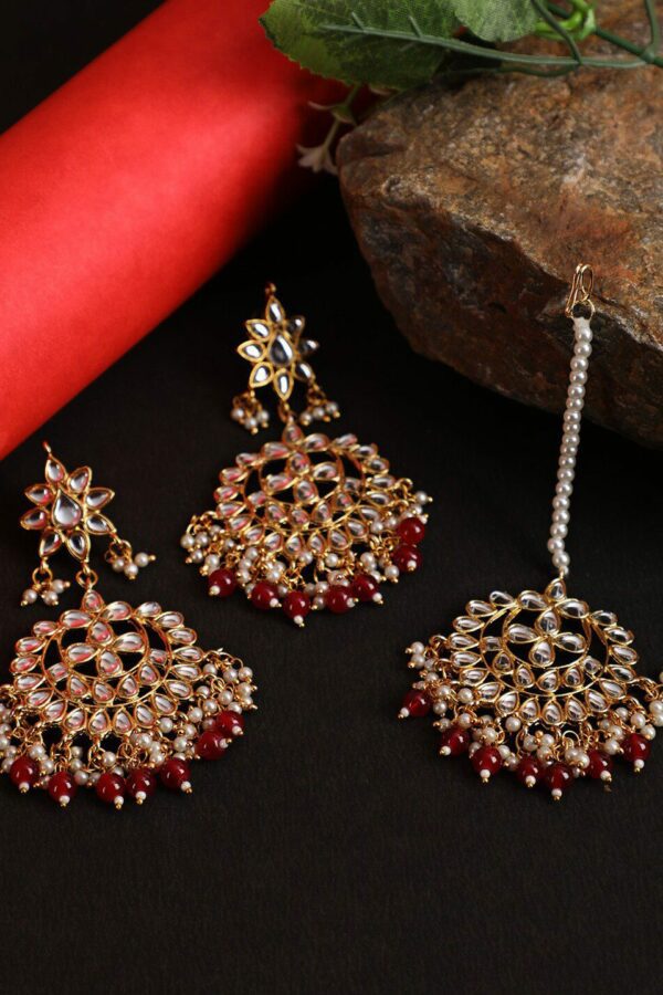 Jazz and Sizzle Gold-Plated Maroon & White Kundan Studded Maang Tikka & Earring Set