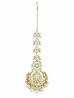 KARATCART Gold-Plated White Kundan-Studded Pearl Beaded Handcrafted Maangtikka - Image 3