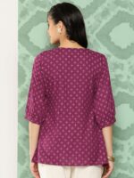 Libas Magenta & Beige Geometric Printed V-Neck Pleated Kurti - Image 3