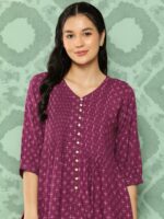 Libas Magenta & Beige Geometric Printed V-Neck Pleated Kurti - Image 5