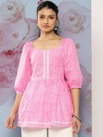 Libas Women Bandhani Printed Square Neck Puff Sleeves Pure Cotton Empire Kurti