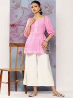 Libas Women Bandhani Printed Square Neck Puff Sleeves Pure Cotton Empire Kurti - Image 3