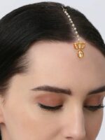 OOMPH Gold Plated Kundan Studded & Beaded Small Louts Design Maangtikka - Image 6