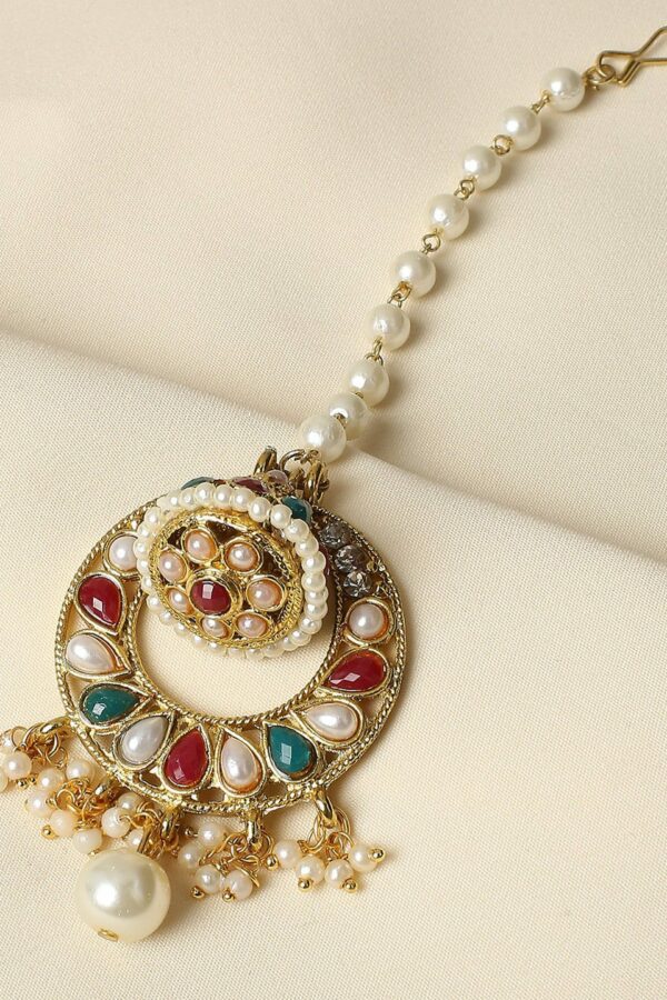 OOMPH Gold-Toned Red & Green Stone Studded Pearl Maangtikka