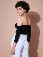 SASSAFRAS BASICS Off Shoulder Cotton Bardot Crop Top - Image 3