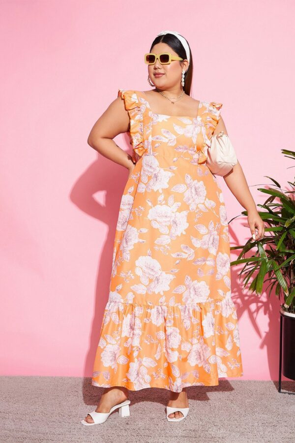 SASSAFRAS Curve Women Plus Size Orange Floral Print Flutter Sleeve Maxi Dress