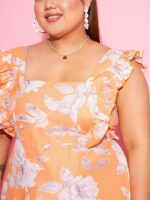 SASSAFRAS Curve Women Plus Size Orange Floral Print Flutter Sleeve Maxi Dress - Image 2