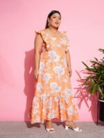 SASSAFRAS Curve Women Plus Size Orange Floral Print Flutter Sleeve Maxi Dress - Image 3