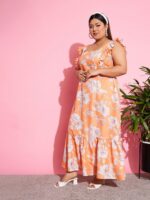 SASSAFRAS Curve Women Plus Size Orange Floral Print Flutter Sleeve Maxi Dress - Image 4