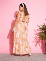 SASSAFRAS Curve Women Plus Size Orange Floral Print Flutter Sleeve Maxi Dress - Image 5