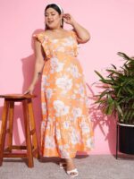 SASSAFRAS Curve Women Plus Size Orange Floral Print Flutter Sleeve Maxi Dress - Image 6