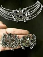 Samridhi DC Silver-Plated Oxidised Mirror Studded & Beaded Jewellery Set