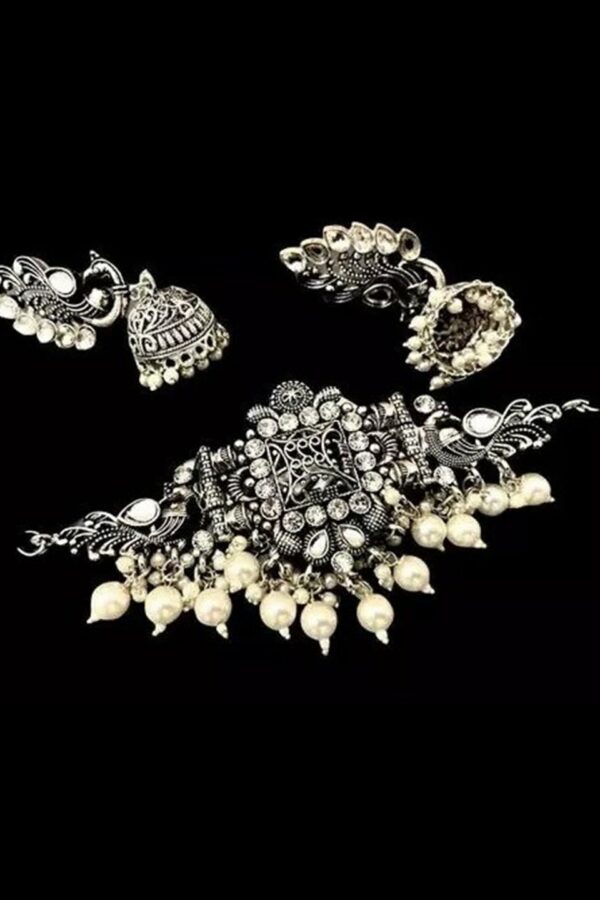 Samridhi DC Silver-Plated Oxidised Stone-Studded & Beaded Jewellery Set