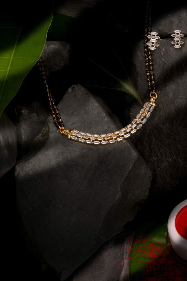 Saraf RS Jewellery Gold-Plated Black & White AD-Studded & Beaded Mangalsutra With Earrings