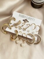 Shining Diva Fashion Set Of 9 Gold-Plated Contemporary Hoop Studs Earrings