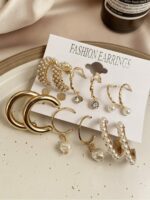 Shining Diva Fashion Set Of 9 Gold-Plated Contemporary Hoop Studs Earrings - Image 2