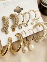 Shining Diva Fashion Set Of 9 Gold-Plated Contemporary Hoop Studs Earrings - Image 3