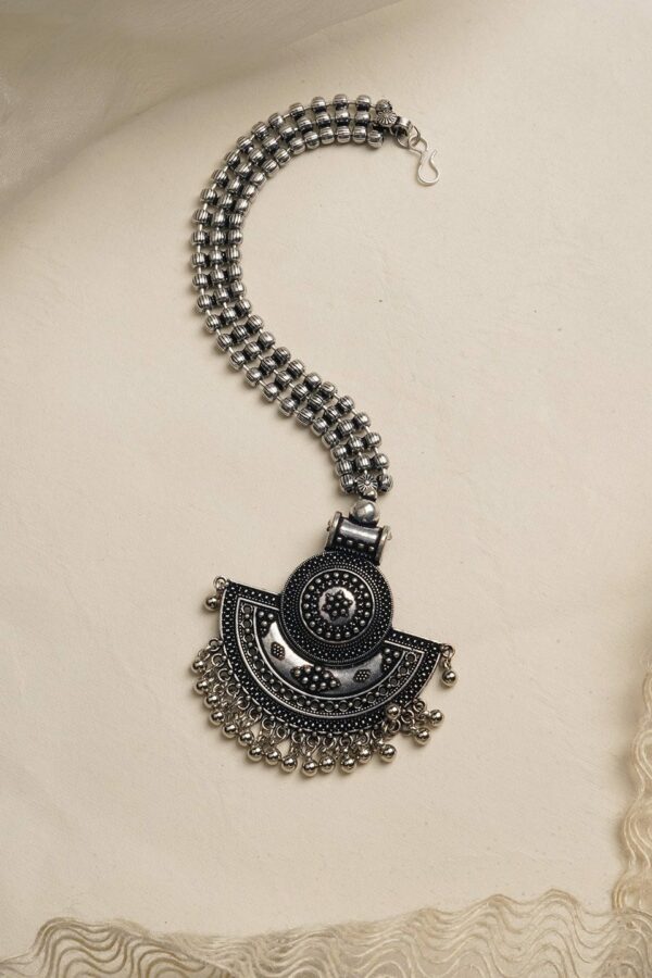 TEEJH Silver-Toned Saransha Oxidised Maang Tikka