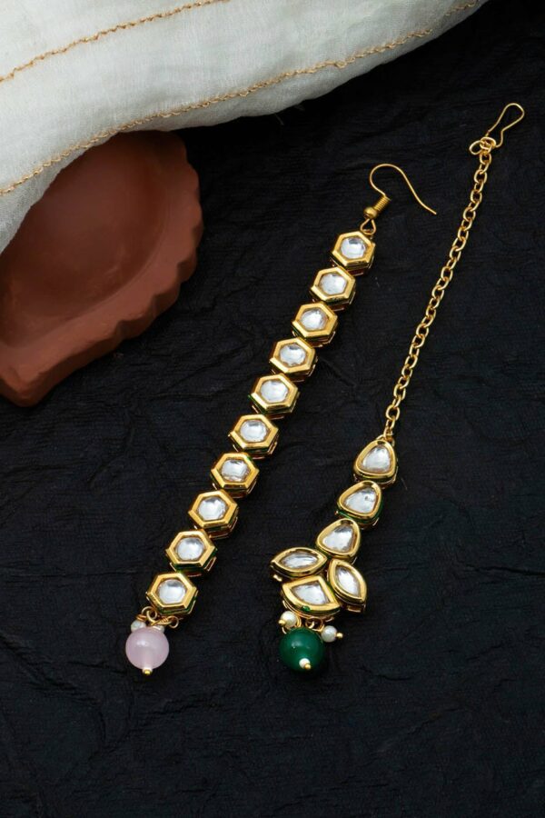 Yellow Chimes Set Of 2 Gold-Plated Kundan-Studded & Beaded Maang Tikka